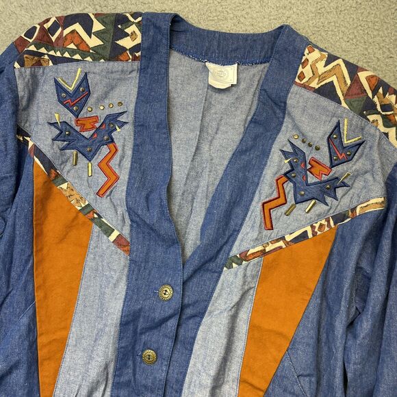 Vintage Jean Jacket Women Large Blue Studded Blue Jean Southwest Aztec 80s Rodeo - Picture 2 of 16